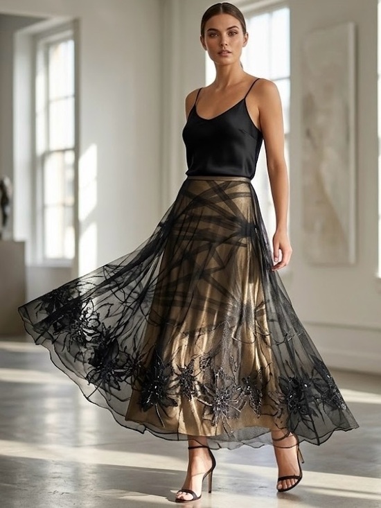 Simon Chang Dresses & Skirts - Simon Chang Black Mesh Embroidered Maxi Skirt - Bronze Lining - Size 6